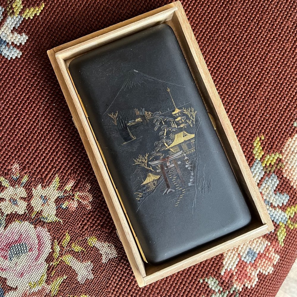 Vintage Japanese Amita Damascene cigarette box with silver and gold Mount Fuji